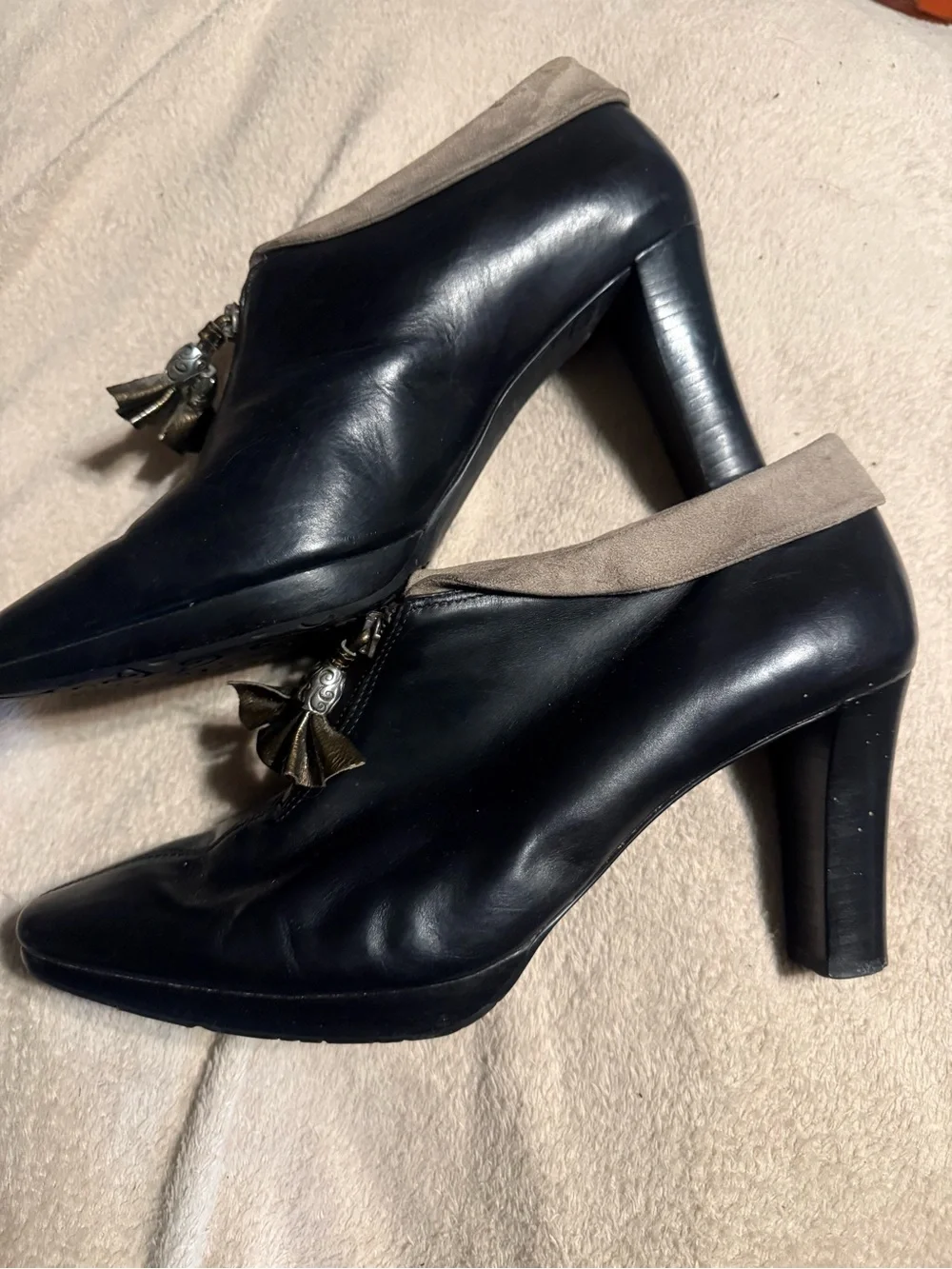 Brighton Stacey Black Leather and Taupe Trim Heeled Ankle Boots with Tassel